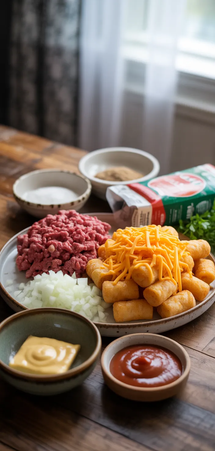 Ingredients photo for Cheeseburger Tater Tot Casserole Recipe