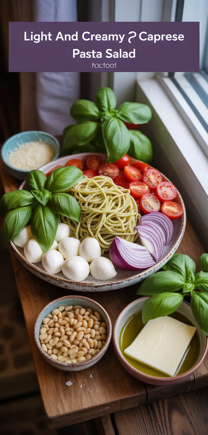 Ingredients photo for Light And Creamy Pesto Caprese Pasta Salad Recipe