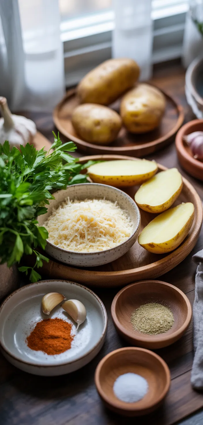 Ingredients photo for Easy Crispy Garlic Parmesan Oven Baked Potato Wedges Recipe
