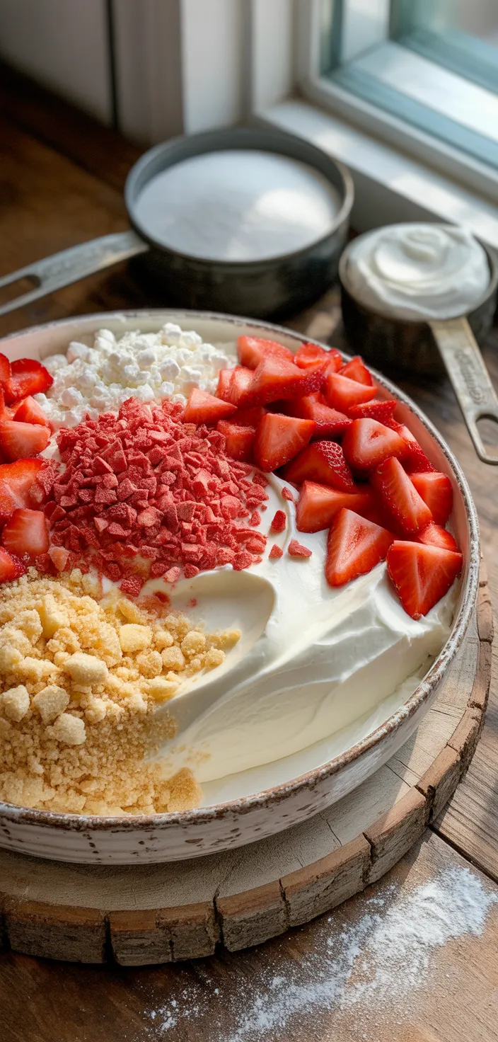 Ingredients photo for Strawberry Crunch Cheesecake Cake Recipe [Video]