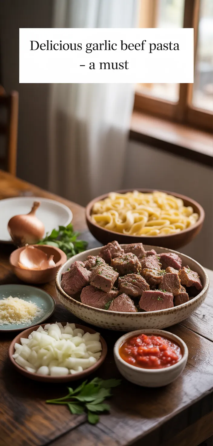 Ingredients photo for Delicious Garlic Beef Pasta – A Must Recipe