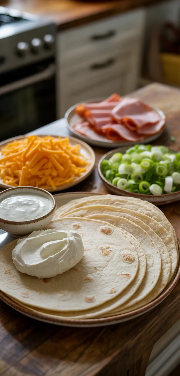 Ingredients photo for Ham And Cheese Roll Ups (Tortilla Roll Ups) Recipe