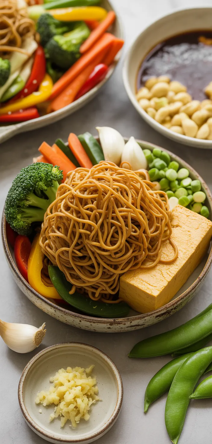 Ingredients photo for Vegan Mongolian Noodles And Veggies Stir Fry In Spicy Soy Ginger Sauce Recipe