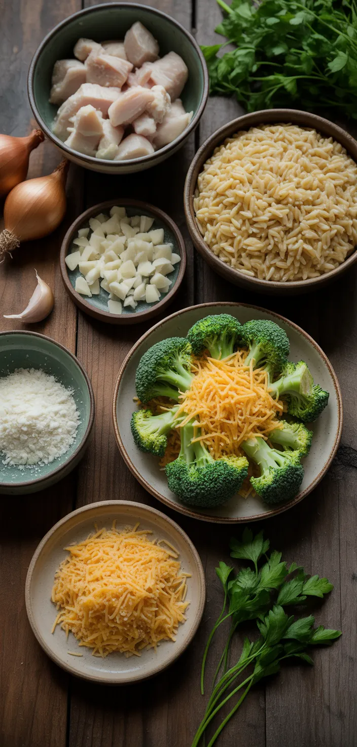 Ingredients photo for Broccoli Cheddar Orzo With Chicken Recipe
