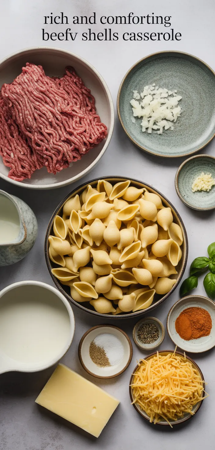 Ingredients photo for Rich And Comforting Creamy Beef Shells Casserole Recipe