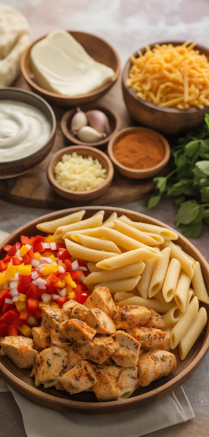 Ingredients photo for Cajun Cream Cheese Chicken Pasta Bake Recipe